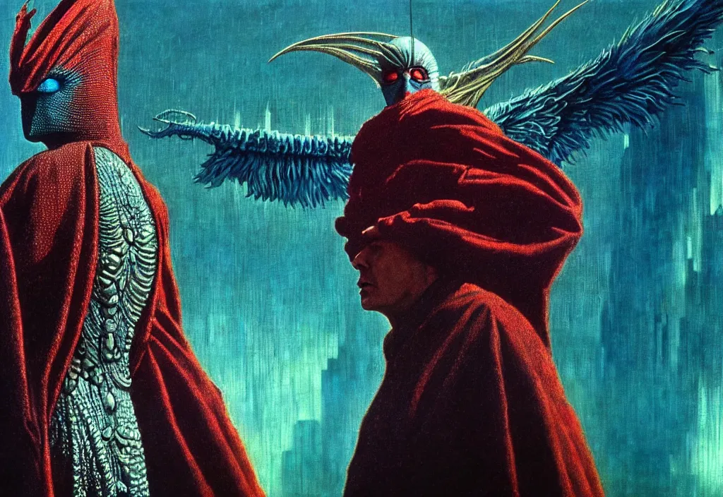 Image similar to realistic detailed portrait movie still of a birdman wearing dark robes, sci fi city landscape background by denis villeneuve, amano, yves tanguy, alphonse mucha, ernst haeckel, max ernst, roger dean, david lynch, masterpiece, rich moody colours, blue eyes, snarling dog teeth