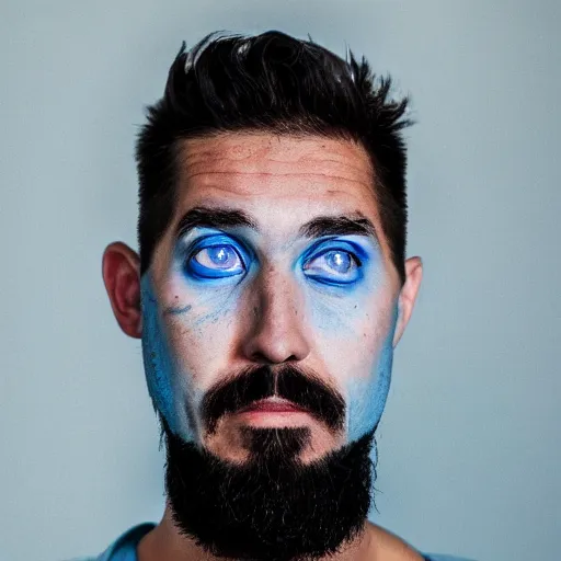 Image similar to fish eye lens close up photograph of a man with blue skin and a goatee side eyeing the camera with a sympathetic look