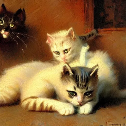 Image similar to adorable kitties, painting by gaston bussiere, craig mullins