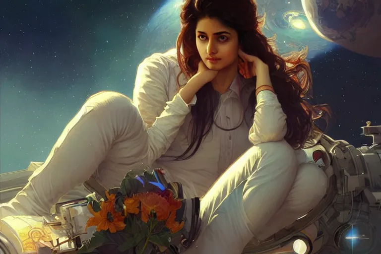 Image similar to Sensual good looking pale young Indian doctors wearing jeans in a space station above Earth, portrait, elegant, intricate, digital painting, artstation, concept art, smooth, sharp focus, illustration, art by artgerm and greg rutkowski and alphonse mucha