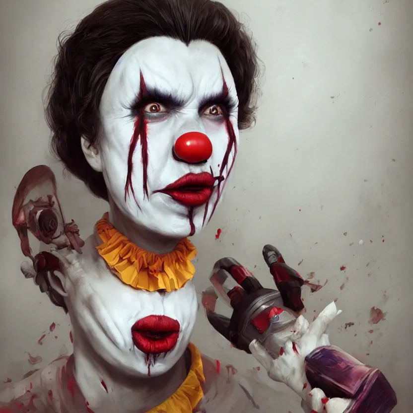 Prompt: hyperrealistic Maria Gonzalez as a killer clown from outer space, trending on artstation, portrait, sharp focus, illustration, art by artgerm and greg rutkowski and magali villeneuve