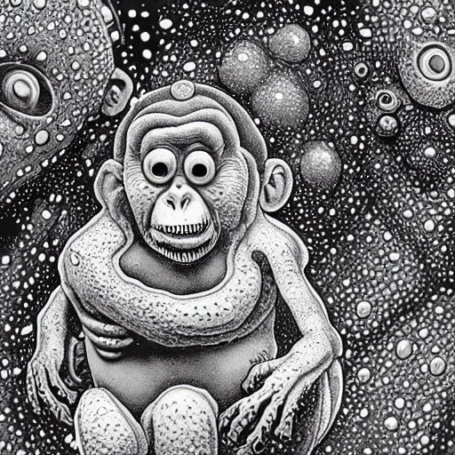 Image similar to measles on a deformed hideous pustule covered monkey, sores, bumps, skin wounds, surface hives, growths, horror, fantasy, highly detailed, by Dan Hillier, ooze, slime, in background nebula of bacteriophages