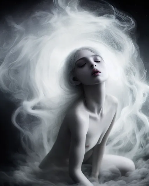 Image similar to monochrome, dreamy, subsurface scattering, white, young beautiful goddess in cosmos with very long white hair floating in air, fluid smoke art, black and white, octane render, dino valls, mark ryden, joe fenton, michal karcz, highly detailed, rim light, art, cinematic lighting, very coherent, hyper realism, 8 k