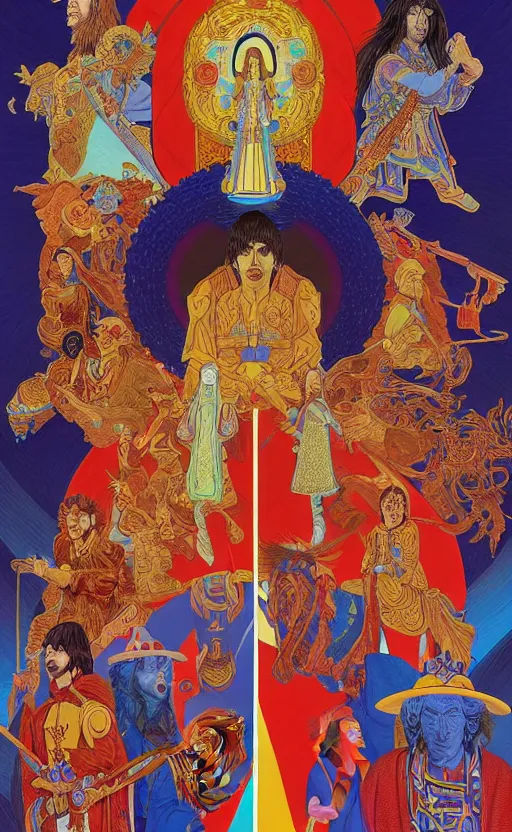 Image similar to a breath - taking jean giraud work of art of the beatles in the style of a renaissance masters portrait, mystical and new age symbolism and tibetan book of the dead imagery, intricately detailed, 4 k