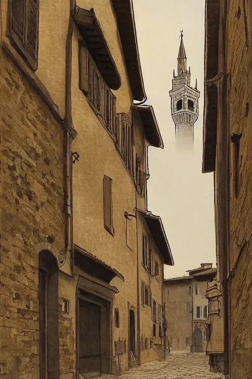Image similar to florence old street in 1 6 th century with a tower in background by hiroshi yoshida, trending on artstation
