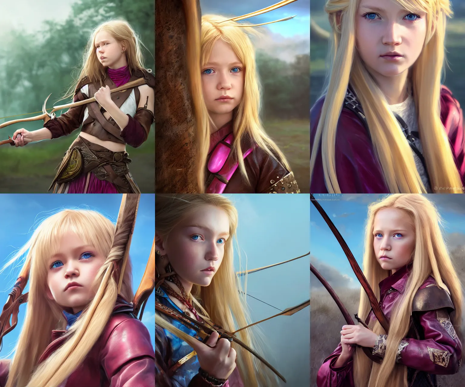 Prompt: wlop, krenz cushart, close detailed portrait digital painting of a young girl with long blonde hair and blue eyes. wearing brown and magenta leather tribal combat clothes. she is holding hunting bow. sunbeam, unreal engine, hyper realism, realistic shading, cinematic composition, blender render, octane render, hdr, detailed textures, photorealistic, 3 5 mm film