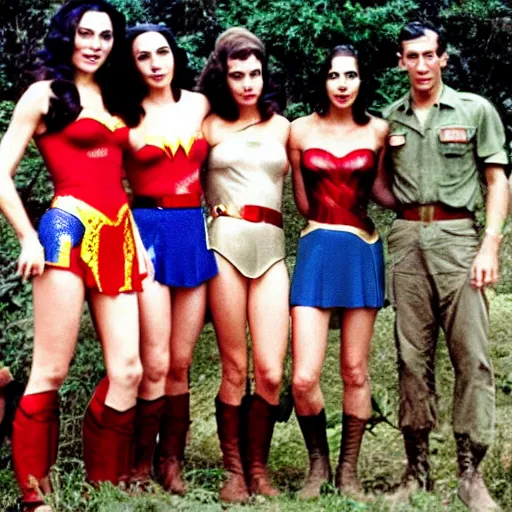 Prompt: Gal Gadot as Wonder Woman, group photo taken during the 1960s on the Vietnam Battlefields with other American Soldiers, extremely detailed