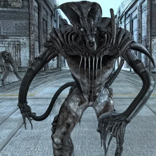 Prompt: Xenomorph in Fallout 3, screenshot, gameplay