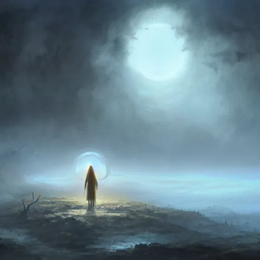 Image similar to ''cinematic shot'' of a necromancer hooded mage creating his army of undead foggy realism etmosferic casper david friedrich raphael lacoste vladimir kush leis royo volumetric light effect broad light oil painting painting fantasy art style sci - fi art style realism premium prints available artwork unreal engine