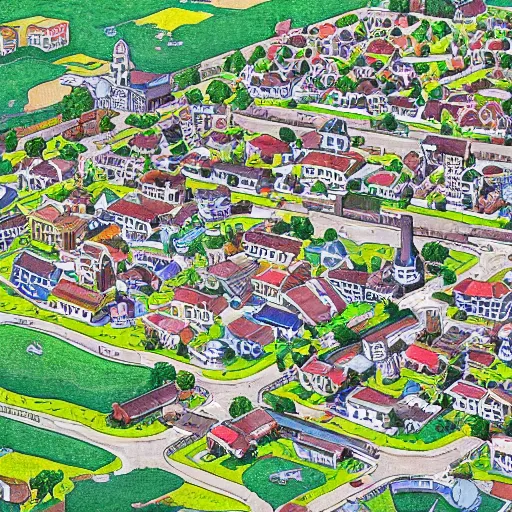 Prompt: small town seen from above by ken sugimori