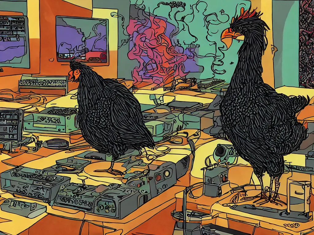 Image similar to 'black chicken'!!! smoking 'cannabis'!!!!!! in front of 'audio console'!!!! and 'multi monitors'!!!! 'in a hi-tech tv broadcasting studio'!!!!, artwork by James Gilleard