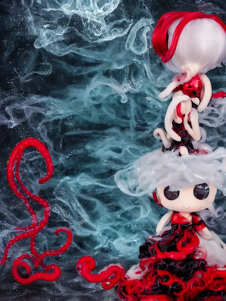 Image similar to cute fumo plush chibi gothic translucent octopus maiden alien girl washing her hair in the waves of the wavering dark galactic abyss, black and red ruffled intricate dress with ribbons, ocean wave thunderstorm and reflective splashing water, wisps of smoke and haze and volumetric fog, black and white, ocean simulation, vignette, vray