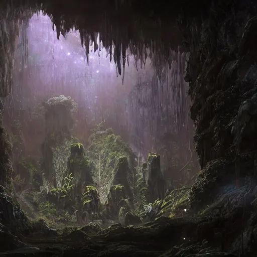 Image similar to photo an overgrown deep underground cave on another world embellished with a lush overgrown jungle of beautiful ancient alien trees, alien elvish cave village, scattered complex ancient monoliths emitting cosmic astral energy, nebula fog and cosmic mist, 4 k rtx hdr volume light concept studio matte painting environment octane, ue 5, photorealistic render trending on artstation by eytan zana