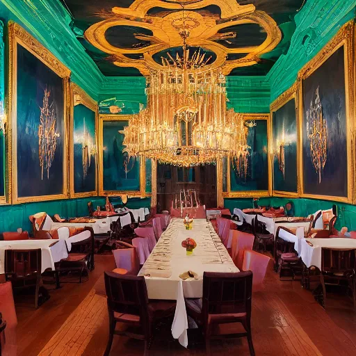 Prompt: dining hall inside a secret society, illuminati, chandelier, massive, beautiful, ominous, painting on the ceiling, perspective of a guest sitting down