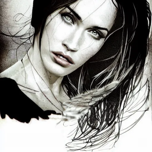 Image similar to realistic tattoo sketch of megan fox face photoshop double exposure effect with a mountain scenery, in the style of matteo pasqualin, amazing detail, sharp, faded