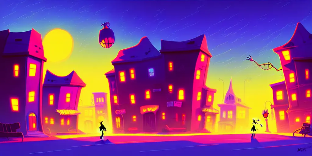 Prompt: curved perspective digital art of a summer night small town street from nightmare before christmas by anton fadeev
