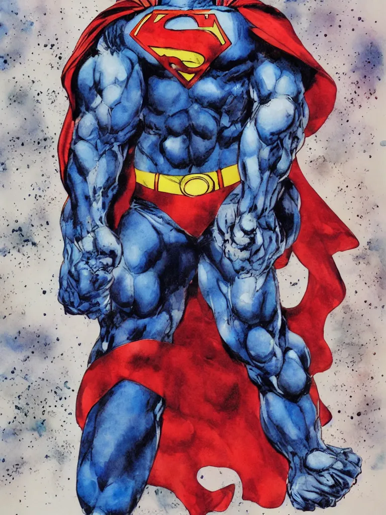 Prompt: a Superman as illustrated by Yoshitaka Amano. 1992. Watercolor and Acrylic on Paper