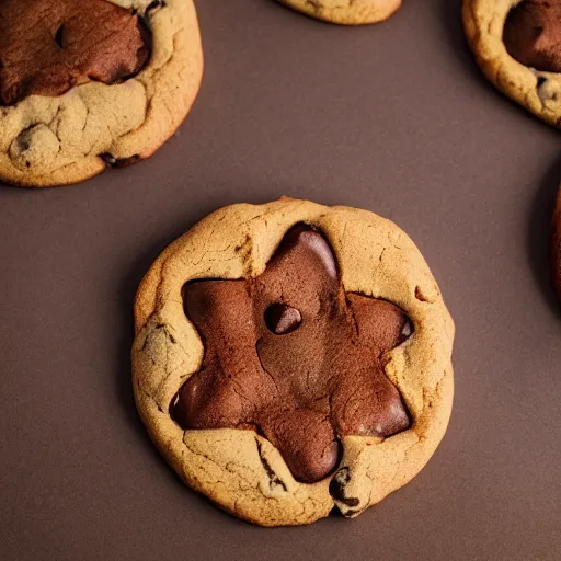 Prompt: close view of a 5 pointed star shaped chocolate chip cookie, warm dim light