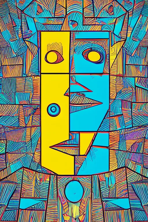 Image similar to abstract cubist moai statue geometric cutout digital illustration cartoon colorful beeple