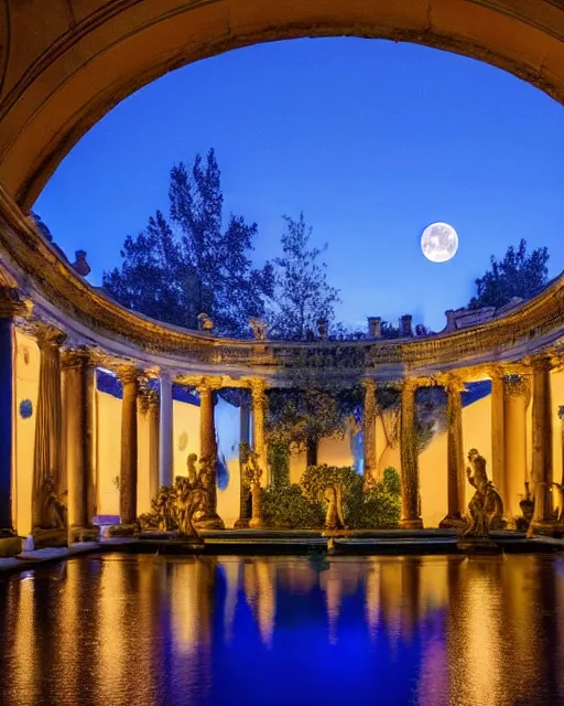 Image similar to photo of beautiful rococo courtyard under moonlight, large glowing moon, pool with rippling reflections, weeping willows and flowers, hellenistic sculptures and grand roman columns, romantic, archdaily,