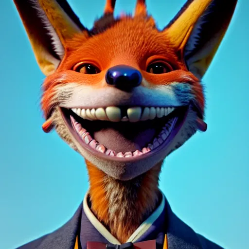 Image similar to weta disney pixar movie still macro close photo of smiling anthropomorphic vulpes vulpes fulva wearing a suit : : by weta, greg rutkowski, wlop, ilya kuvshinov, rossdraws, artgerm, octane render, iridescent, bright morning, anime, liosh, mucha : :