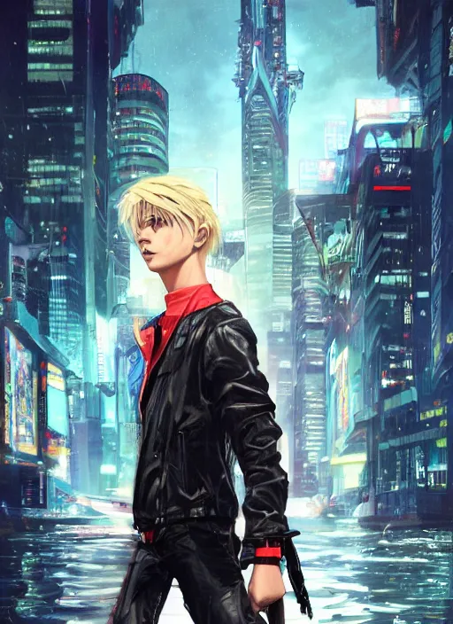 Prompt: cyberpunk beautiful blonde teenage boy assassin walking on water, wearing black leather jacket and red leather pants, beautiful, detailed portrait, cell shaded, 4 k, concept art, by wlop, ilya kuvshinov, artgerm, krenz cushart, greg rutkowski, pixiv. cinematic dramatic atmosphere, sharp focus, volumetric lighting, cinematic lighting, studio quality