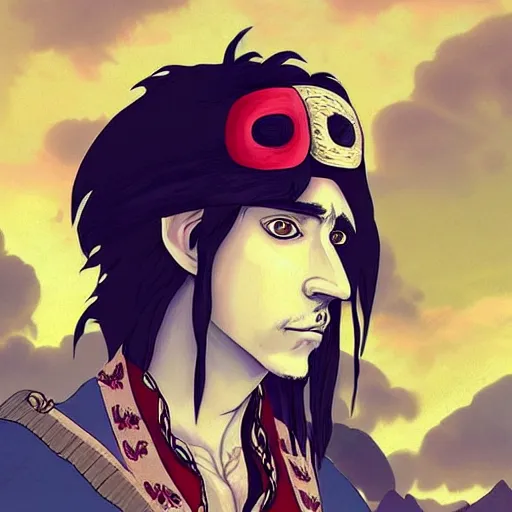 Prompt: “John Depp, portrait!!! Mononoke-hime style, cartoon, blue sky with white clouds green hills and mountains on the background, fantasy, photorealistic, concept Art, ultra detailed portrait, 4k resolution”