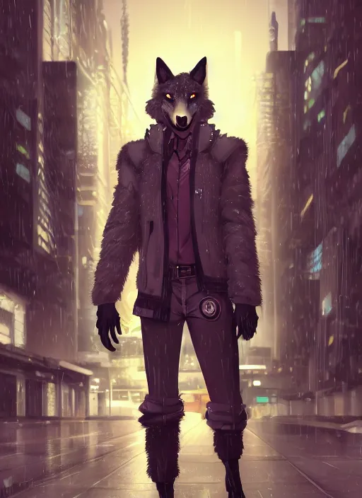 Image similar to character portrait of a male anthro wolf fursona with a tail and a cute beautiful attractive detailed furry face wearing stylish cyberpunk clothes in a cyberpunk city at night while it rains. hidari, color page, tankoban, 4K, tone mapping, Akihiko Yoshida.