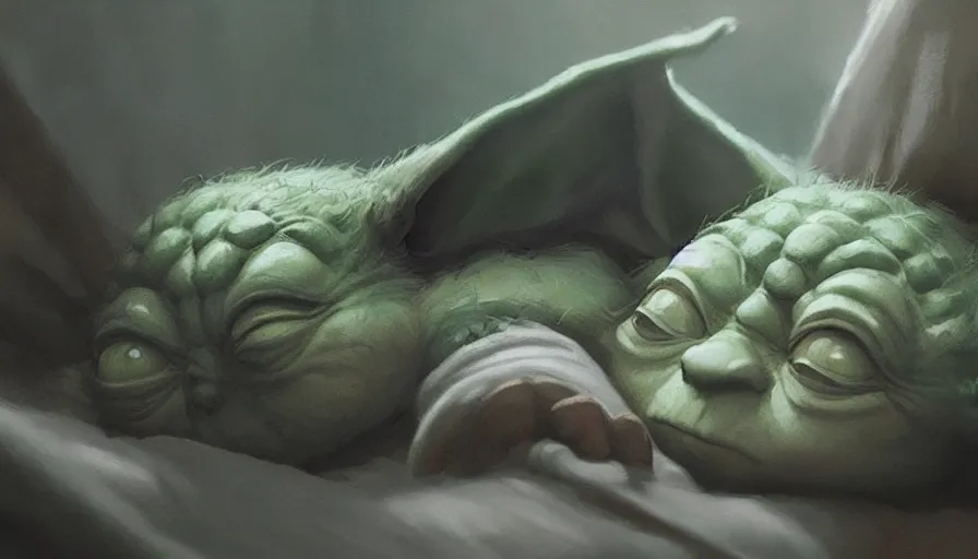 Prompt: Yoda sleeping in his bed, close-up shot, details, sharp focus, illustration, by Jordan Grimmer and greg rutkowski, Trending artstation, pixiv, digital Art