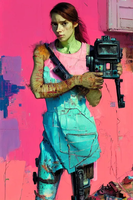 Image similar to portrait of a beautiful postacoliptic girl that has lived trough war and has seen death, in the colors hot pink and cyan, beautiful face, rule of thirds, complex outfit, with gadgets and guns build from scrap and junk metal, spotlight, by greg rutkowski, by jeremy mann, by francoise nielly, by van gogh, digital painting