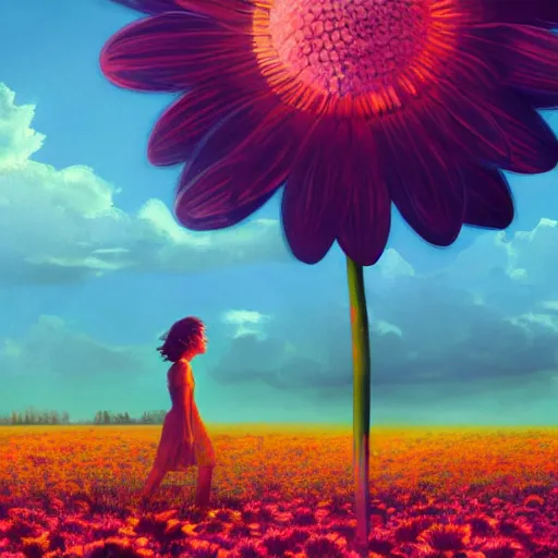 Image similar to giant daisy flower in front of head, full body girl walking in a flower field, surreal photography, sunrise, dramatic light, impressionist painting, colorful clouds, digital painting, artstation, simon stalenhag