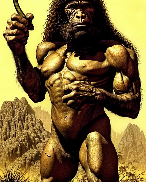 Image similar to neanderthal read science book about him, heavey metal magazine cover, character portrait, portrait, close up, concept art, intricate details, highly detailed, in the style of frank frazetta, esteban maroto, richard corben, pepe moreno, matt howarth, stefano tamburini, tanino liberatore, luis royo and alex ebel