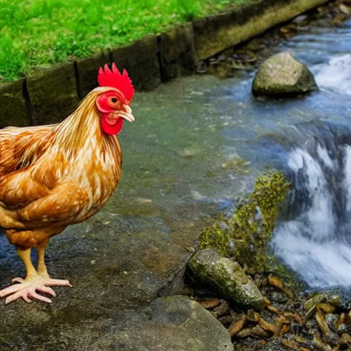 Image similar to a chicken next to a stream