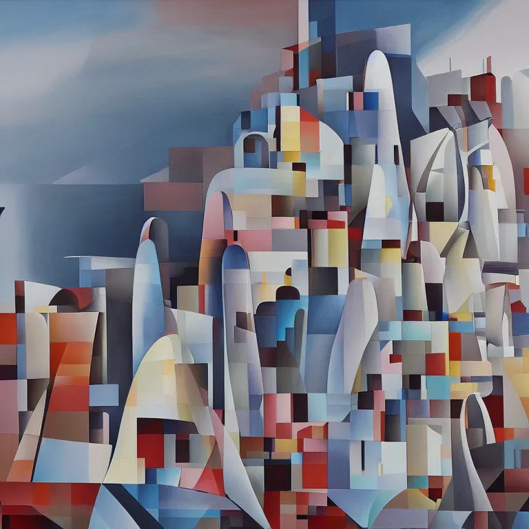 Image similar to a painting of abstract buildings like santorini by zaha hadid and yves tanguy