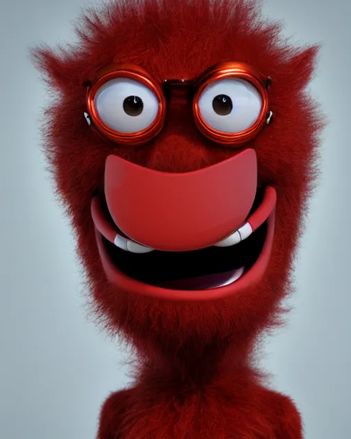 Image similar to 3 d render of completely red hairy friendly antropomorphic creature wearing chrome shades, without nose, smiling, full body, standing on 2 feet, in the style of pixar, white background, unreal engine 5, octane render, highly detailed hdr