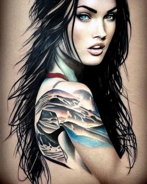 Image similar to tattoo design sketch with double exposure effect of megan fox with amazing mountain scenery, realism tattoo, in the style of den yakovlev, amazing detail, sharp