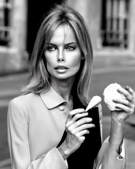 Image similar to portrait of a blonde barbara bach from the bond film eating ice creams in porto