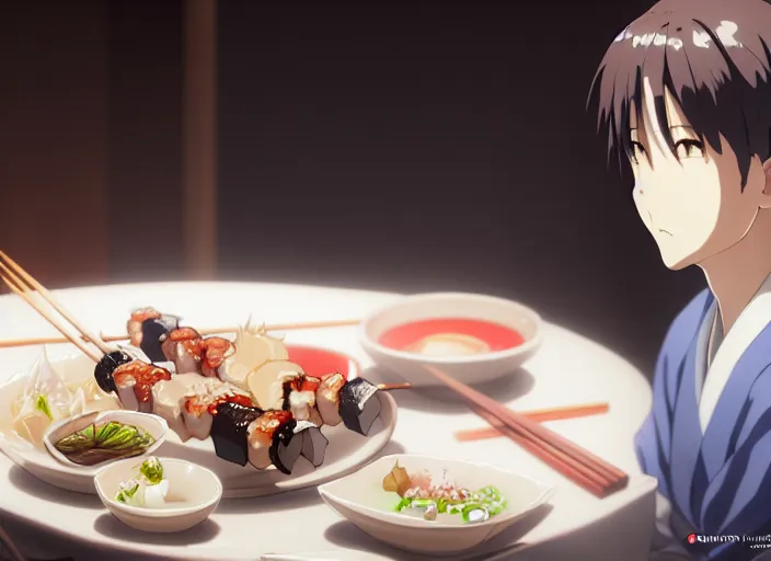 Prompt: a film still portrait of a plate with japanese food yakitori, finely detailed features, closeup at the food, perfect art, at a dinner table, gapmoe yandere grimdark, trending on pixiv fanbox, painted by greg rutkowski makoto shinkai takashi takeuchi studio ghibli, akihiko yoshida