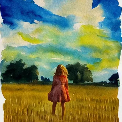 Prompt: silhouette of a girl in a field of wheat, colorful clouds in the sky, watercolor
