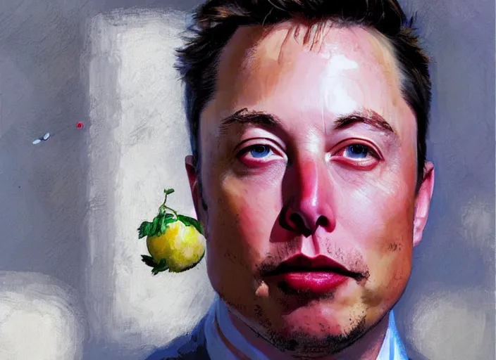 Prompt: a highly detailed beautiful portrait of elon musk with an strawberry, by gregory manchess, james gurney, james jean