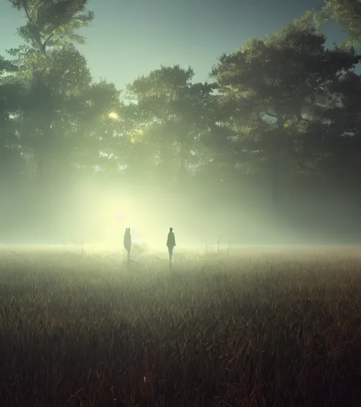 Image similar to three humans in a boat with a reflection of three crows in a swamp, volumetric lighting, fog, majestic light, octane render, ethereal glare of the sun, hyperrealistic, epic, masterpiece, by makoto shinkai