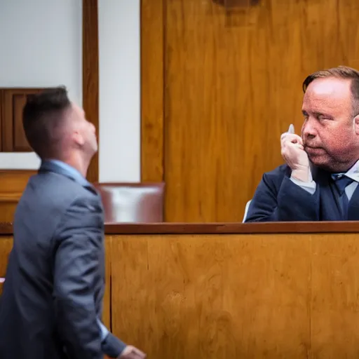 Prompt: Alex Jones desperately reaching for his out of reach phone in the courtroom, EOS 5DS R, ISO100, f/8, 1/125, 84mm, RAW, Dolby Vision