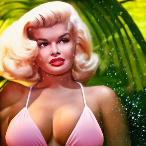 Image similar to a very beautiful sundance award winning image of jayne mansfield under a tropical waterfall, full body, pale pink bikini, pink lipstick, detailed face, cinematic lightning, golden hour, medium shot, alexa mini, cryengine, raytracing, 4 k, cinematic wallpaper by gil elvgren, robert maguire, rudolf belarski