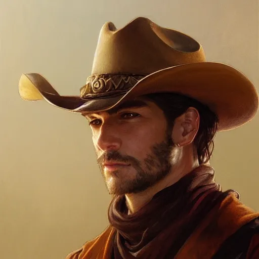 Image similar to portrait of a cowboy, elegant, intricate, headshot, D&D, fantasy, highly detailed, digital painting, artstation, concept art, sharp focus, illustration, art by artgerm and greg rutkowski and alphonse mucha