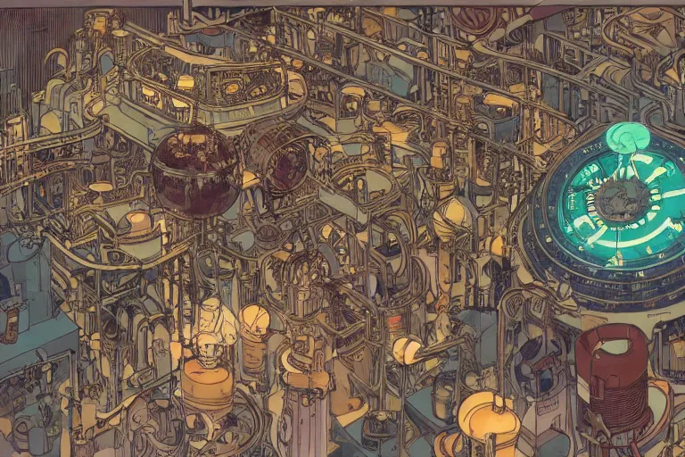 Prompt: top view on steampunk lab with big vapor tubes and alchemy equipment, kid and mad scientist working, giant video screens, sci - fi vending machine, clock, retrofuturism, concept art by mucha and moebius and victo ngai, clean line, diesel punk