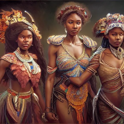 Image similar to three beautiful Zulu holding hands , intricate, elegant, highly detailed, digital painting, artstation, concept art, smooth, sharp, focus, illustration, art by artgerm and greg rutkowski and alphonse mucha