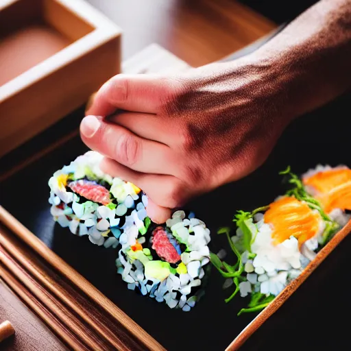 Prompt: a sushi in the shape of a hand, photography 4k, f1.8 anamorphic, bokeh, 4k, Canon, Nikon