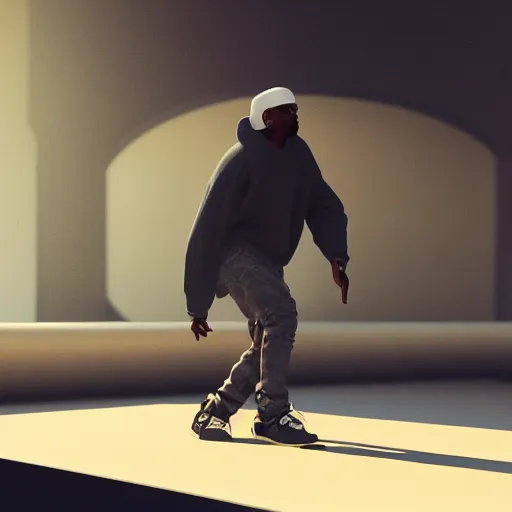 Image similar to Kanye West skateboarding, blender, octane render, 8k, trending on artstation,