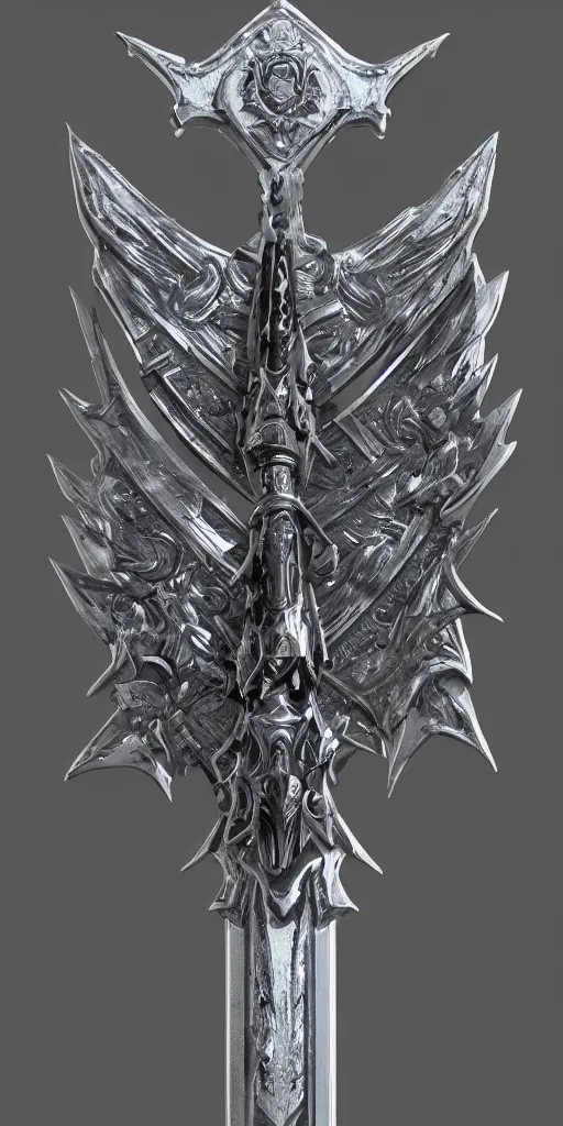 Image similar to a black and silver sword skull crest, ornament, weapon, a 3 d render by dom qwek, front side, concept art, trending on polycount, artstation, hard surface modeling, rendered in maya, zbrush, hd, vray, blizzard, symmetry