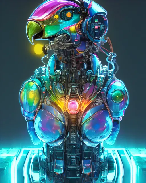 Image similar to portrait of cute cyber - anime rainbow - parrot - mecha, intricate abstract. intricate artwork, by tooth wu, wlop, beeple, dan mumford. concept art, octane render, trending on artstation, greg rutkowski very coherent symmetrical artwork. cinematic, key art, hyper realism, high detail, octane render, 8 k, iridescent accents